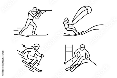 Winter sports icons set – biathlon, ski jumping, slalom racing, and snowkiting illustrations for extreme sports, adventure, and active lifestyle themes. Vector illustration.