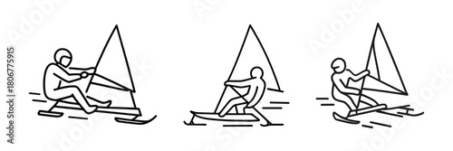 Ice yachting and winter wind sailing icons – fast snow sailing sport with sails on ice for cold weather adventure and speed concept. Vector illustration.