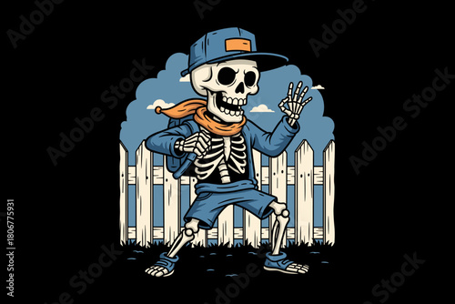 Cartoon Skeleton Wearing a Baseball Cap and Scarf Dancing.
