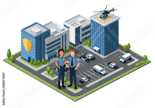 Illustration of two police officers standing in front of a police station with patrol cars and a helicopter in the background, representing law enforcement and public safety services