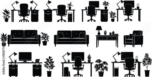 Home office and living room furniture silhouette collection featuring desks, chairs, sofas, plants and decor elements for interior design illustration projects