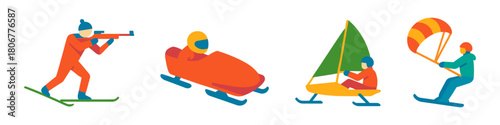 Flat winter sports vector icons – biathlon, bobsleigh, ice sailing, and snowkiting in colorful minimal style. Vector illustration.