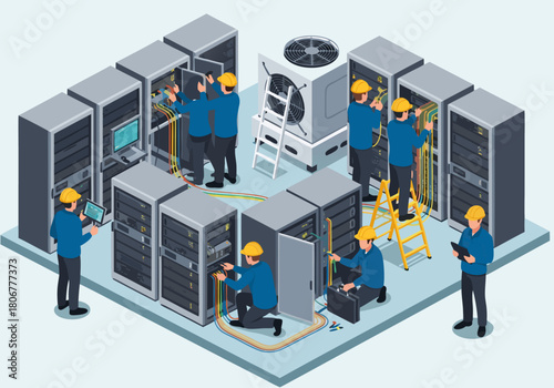 Isometric illustration of IT technicians maintaining a data center, server racks, and network infrastructure