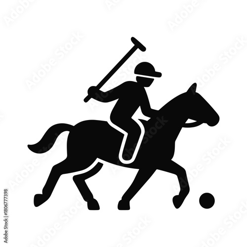 Polo player on horse silhouette – equestrian sport icon with rider swinging mallet toward ball. Vector illustration.