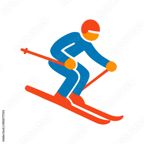 Colorful alpine skier icon – vector illustration of athlete racing downhill on skis in dynamic pose.