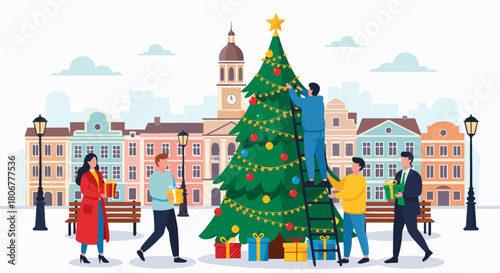 Festive Winter Scene People Decorating a Large Christmas Tree in a Charming European Town Square with Snowfall