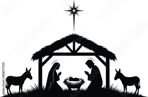 Nativity scene silhouette featuring Mary, Joseph and baby Jesus in manger with star and animals, Christmas religious illustration for holiday design