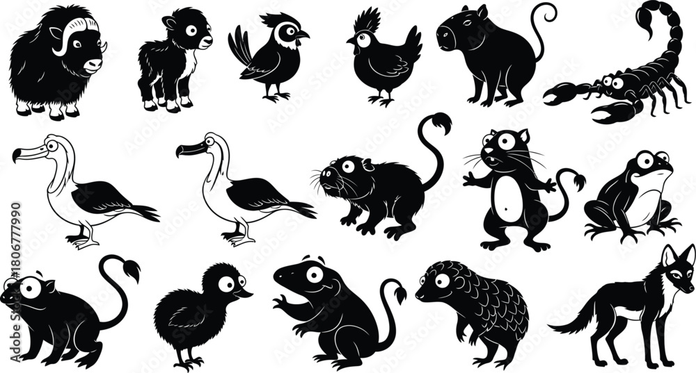 Obraz premium Black Silhouette Cartoon Arctic and Forest Animals Collection Keywords: musk ox, lamb, owl, chicken, capybara, scorpion, pelican