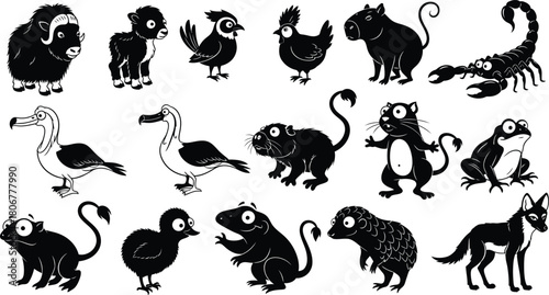 Black Silhouette Cartoon Arctic and Forest Animals Collection Keywords: musk ox, lamb, owl, chicken, capybara, scorpion, pelican