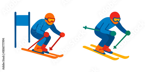 Colorful alpine skiing athletes – winter sports vector showing skiers racing downhill with poles and gear.