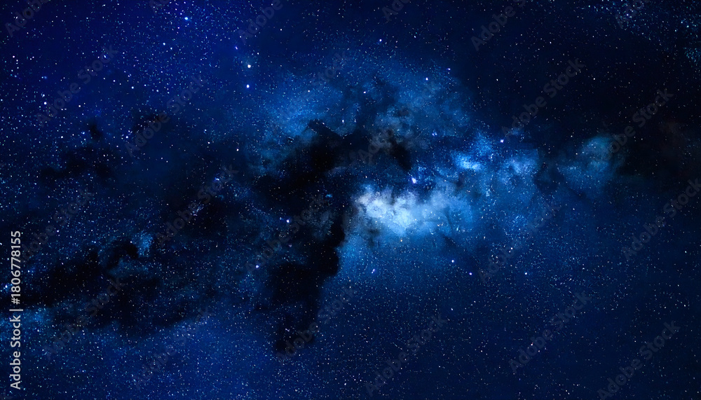 Fototapeta premium Space nebula blue-black gradient with star-field grain