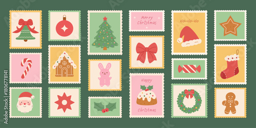 Doodle-style, hand-drawn winter vacation postage stamps. Christmas vector set festive postmarks, an Xmas tree, ribbons, bows, gingerbread, toys, Santa, a hat, pudding, a wreath, holly, and candy.