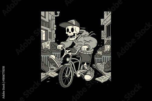 Skeleton character riding a bicycle in a gritty urban setting.