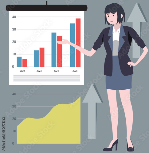成長グラフを指し示す女性ビジネスパーソン
