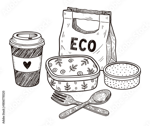 Eco Friendly Takeaway Set Doodle Style Vector Illustration, Lunch Boxes, Coffee Cup & Cutlery Illustration, Sketch doodle style ink illustration