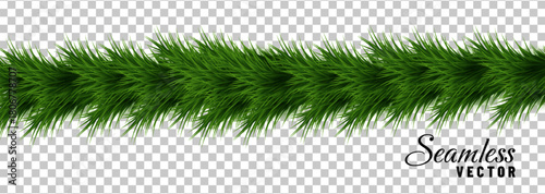 A seamless vector illustration of a green pine branch garland on a transparent background, perfect for holiday decorations.