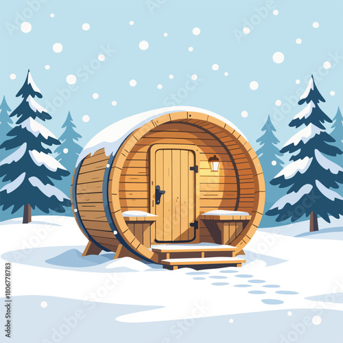 Wooden barrel sauna in a snowy winter landscape. Cozy outdoor spa and wellness concept. Cartoon graphic of a rustic cabin in a forest