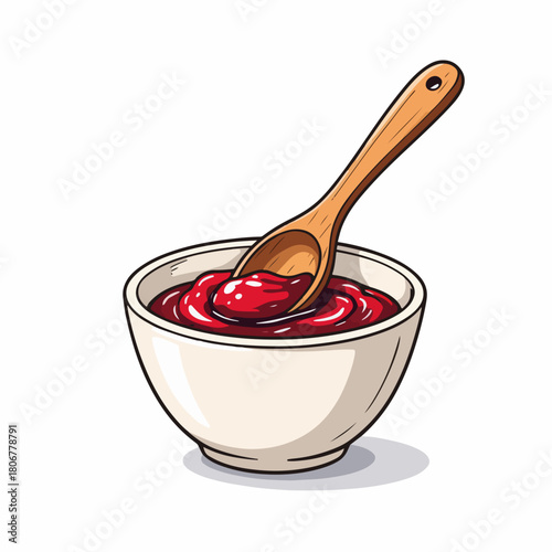 A cartoon drawing of a bowl of red jam or sauce. Wooden spoon stirring a sweet fruit preserve. Food condiment icon isolated on a white background