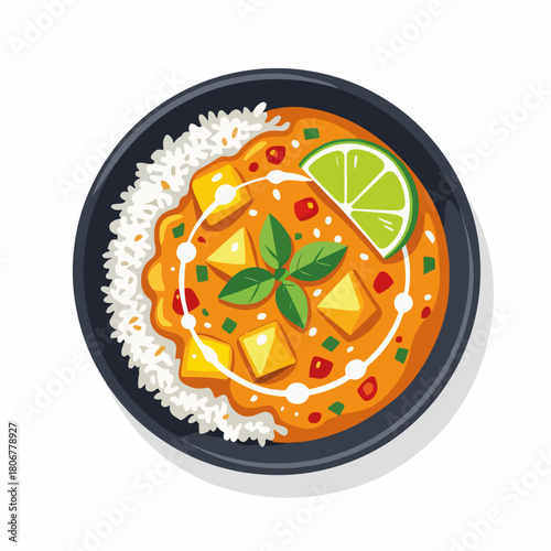 Vegan curry with basmati rice and lime. Flat design food icon. Top-down view of a traditional Asian meal