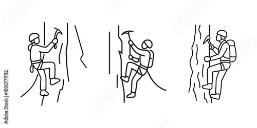 Set of line art icons showing climbers ascending vertical rock and ice walls using ropes and axes.