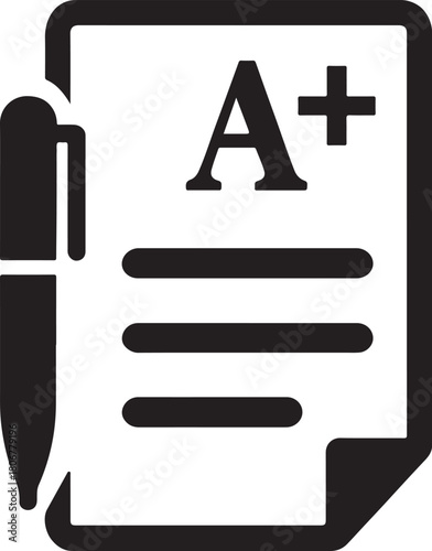 Exam paper with score icon in bold silhouette vector style, ideal for education and testing.