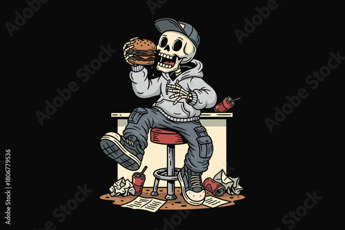 Skeleton eating a burger sitting on a stool at a counter.
