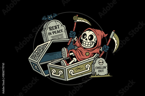 Grim Reaper Relaxing in a Coffin with Scythes.