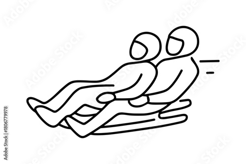 Line art illustration of a two-person luge team racing downhill on a sled in a streamlined position.