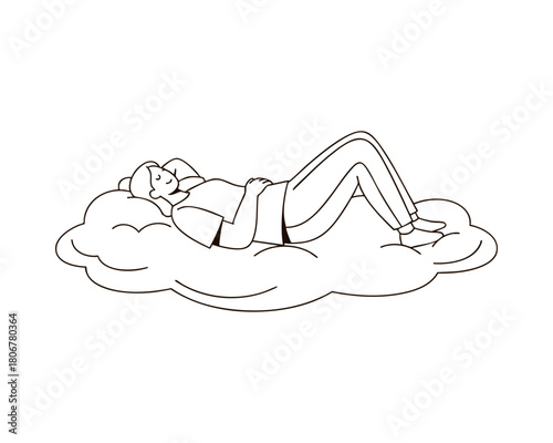 Person Relaxing While Lying Down on a Soft Cloud — Line Art Illustration