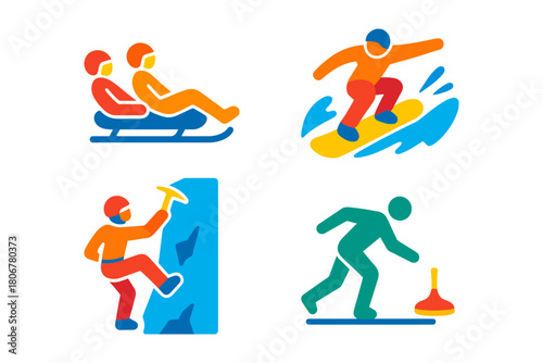 Set of colorful vector icons representing winter sports: luge, snowboarding, ice climbing, and curling.