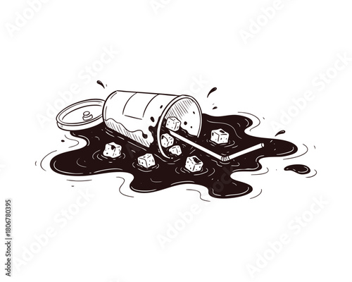 Spilled Fast-Food Drink Cup with Straw and Liquid — Line Art Illustration