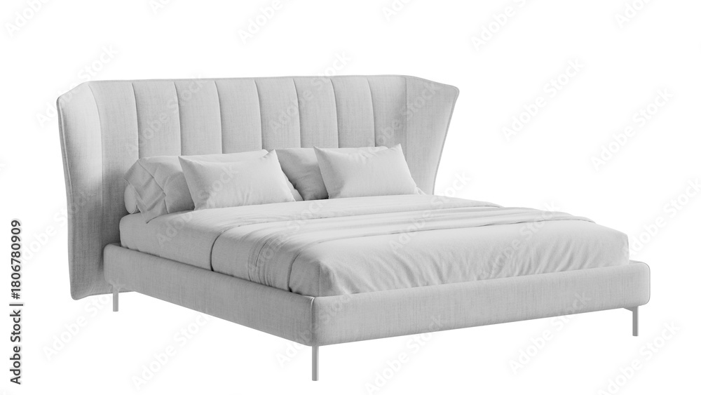 Fototapeta premium White bed with a white blanket and pillows on a transparent background.