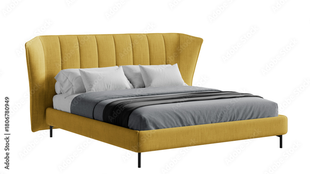 Fototapeta premium Modern orange double bed with bedding on an isolated background. 