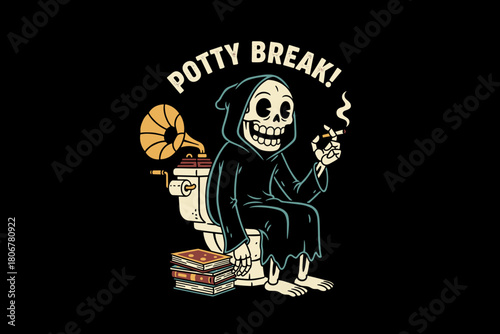 Grim Reaper skeleton character sitting on a toilet smoking a cig