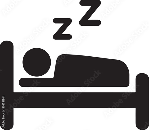 Sleep icon showing a person lying on a bed in bold silhouette style, ideal for apps and signage.