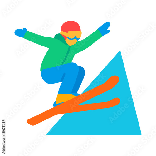 Freestyle skier performing a jump trick in colorful winter gear on snowy slope.