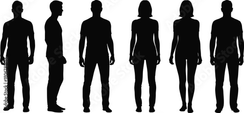 Human silhouette collection featuring standing male and female body outlines, generic people figures for design, illustration, reference and creative artwork use