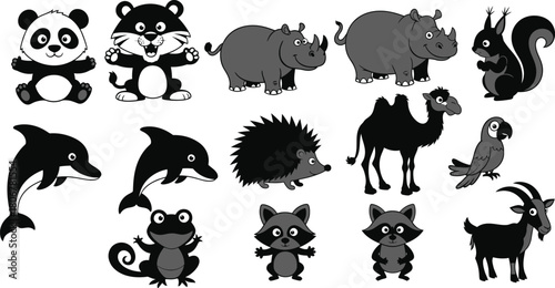 Collection of Black and Gray Cartoon Animals on White Background Keywords: animal, cartoon, illustration, black, gray, white