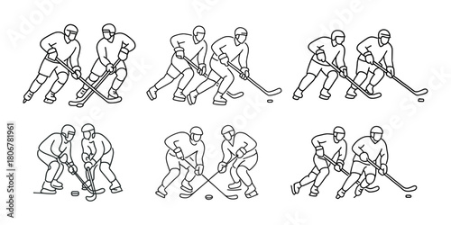Pairs of ice hockey players in various moments of play, including puck battles and face-offs.