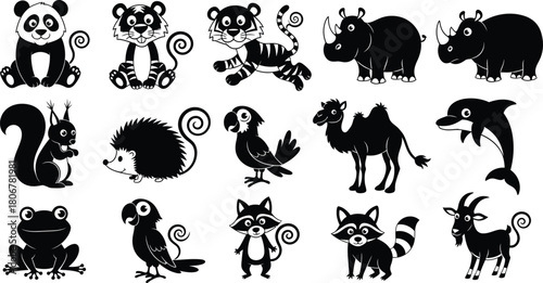 Collection of Black Silhouette Cartoon Animals on White Background Keywords: panda, tiger, rhino, rhinoceros, squirrel, hedgehog