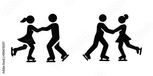 Couples figure skating in synchronized poses, performing elegant moves on ice.