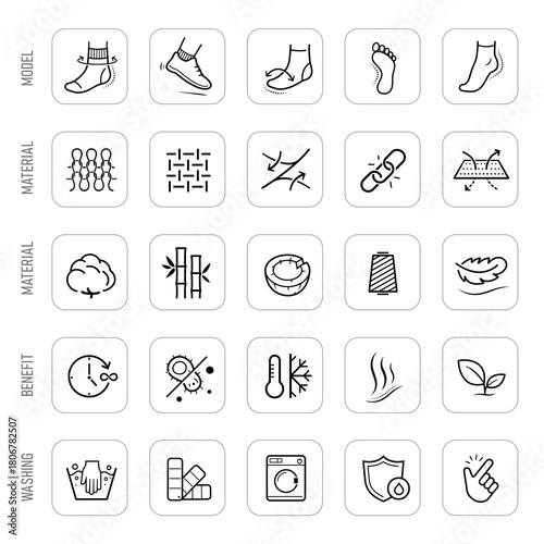 Socks icon sheet. Set for package, shows user instruction, main benefits. The outline icons are well scalable and editable. EPS10.