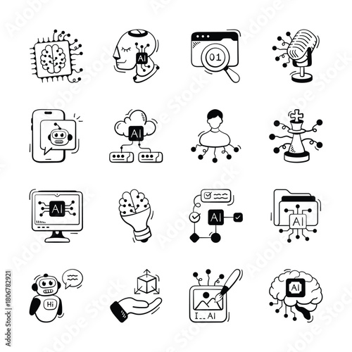 A set of artificial intelligence doodle style hand drawn icons, trendy vectors pack