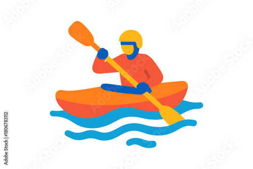 Person paddling a kayak through calm water, enjoying a colorful outdoor water sport activity.