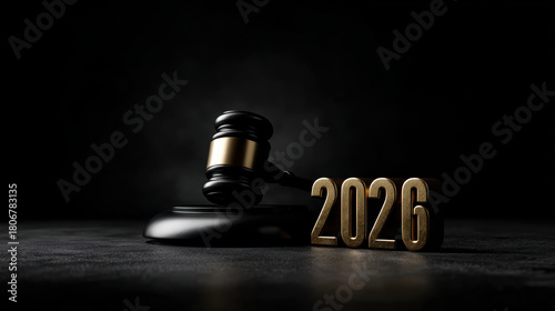 Serious new year 2026 concept with judge gavel on dark table. symbol of law, justice, court, legal judgment and future legislation
