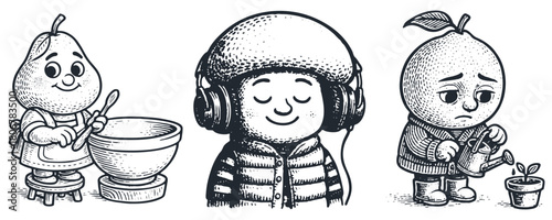 A set of cute cartoon characters: a pear cooking, a mushroom listening to music, and a quince watering a plant. Vector art in a retro engraving style.