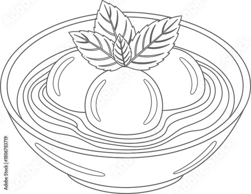 Coloring page of tangyuan sweet glutinous rice balls with mint leaves eps silhouette
