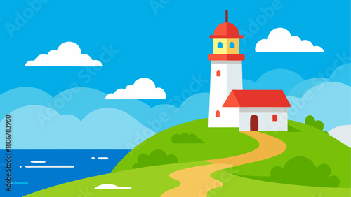 Illustration of a lighthouse on a green hill near sea on transparent background