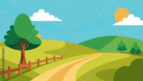 Illustration of a sunny landscape with green hills on transparent background
