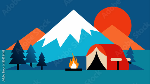 Illustration of camping with tent and mountain view on transparent background